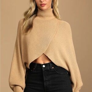 Lulu’s Tan Turtleneck Cross Front Cropped Sweater